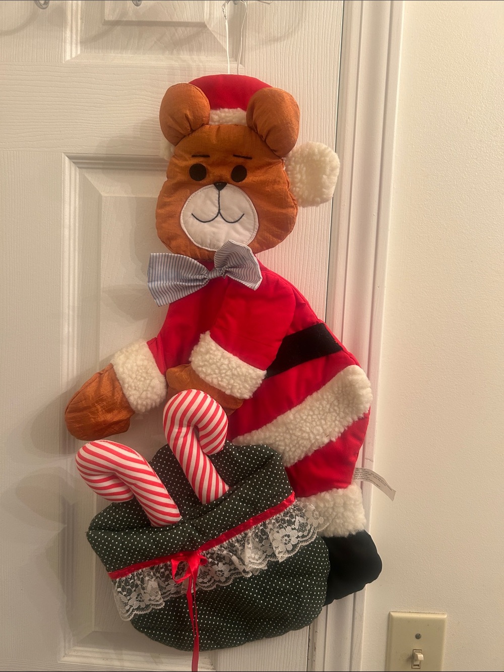 3D Parachute Fabric Bear Santa Hanging Holiday Stocking - Red, Brown Lace & Fur